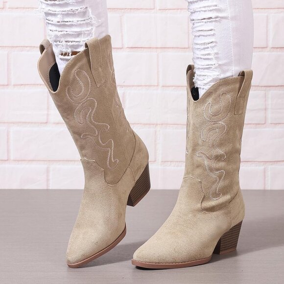 Women Beige Suede Mid Calf Chunky Block Heel Western Embroidered Fashion Boot - Picture 7 of 7